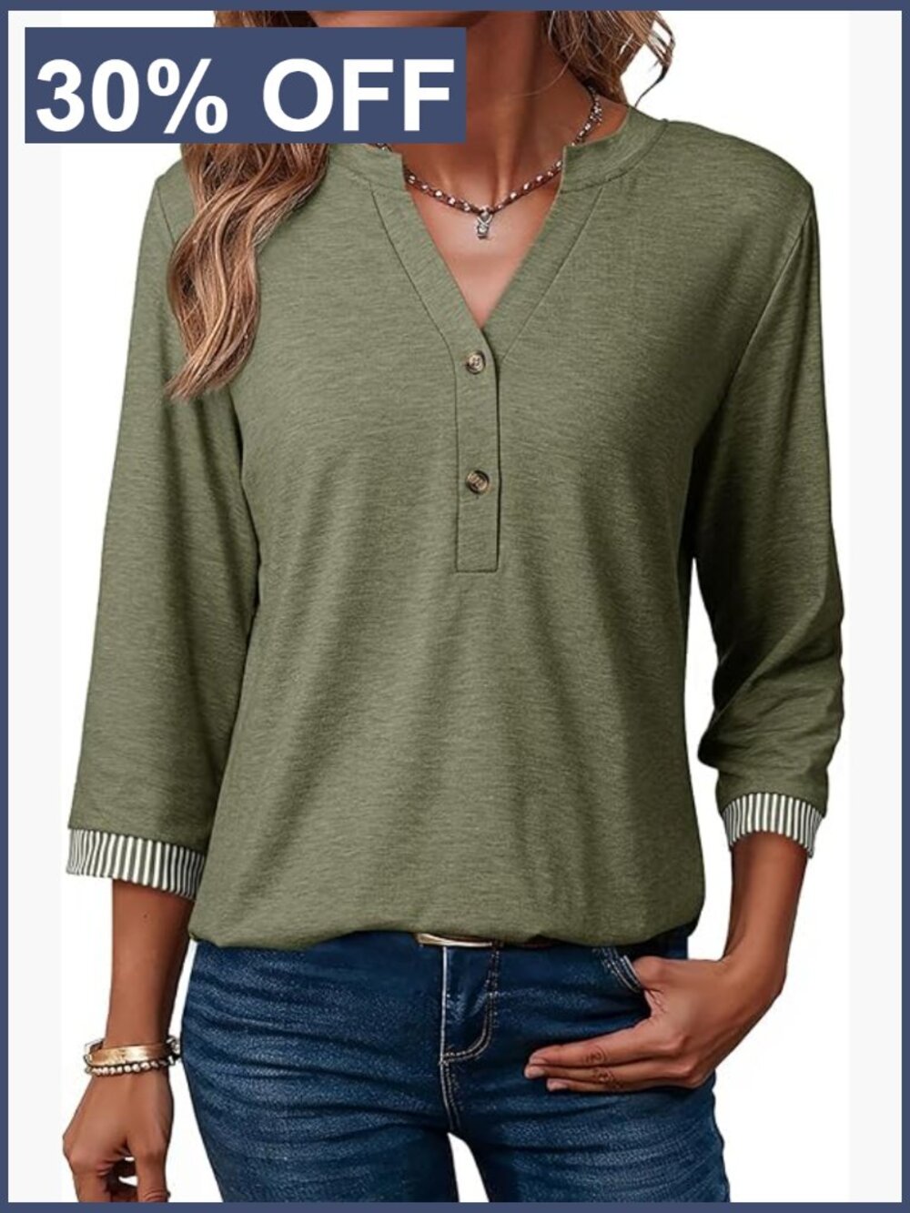 3/4 Sleeve V Neck Button Down Tee Blouse Loose Fit Wardrobe Essential